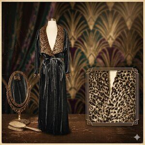 Vintage Cinema Etoile Black Velvet Robe Quilted Animal Print Collar M